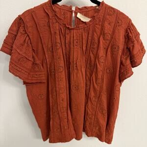 Anthro Forever That Girl Cotton Rust Eyelet Peasant Blouse Tunic Boho Ruffle Med